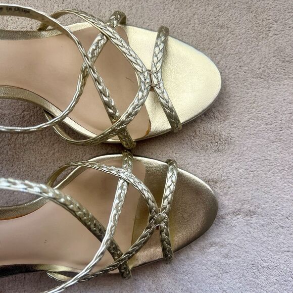 Badgley Mischka Metallic Gold Strappy Stiletto Heel Sandal Women 8.5 Braided Zip - Picture 9 of 16